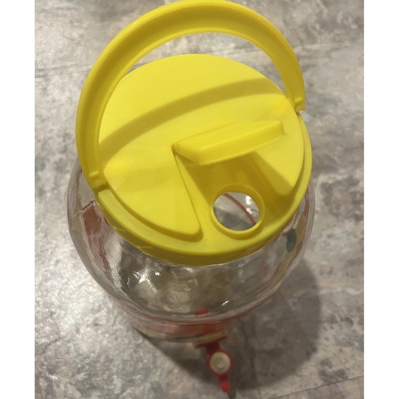 Vintage Sun Tea Glass Water Dispenser Beverage Jar Yellow Lid Cherries And Lemon - Picture 5 of 6